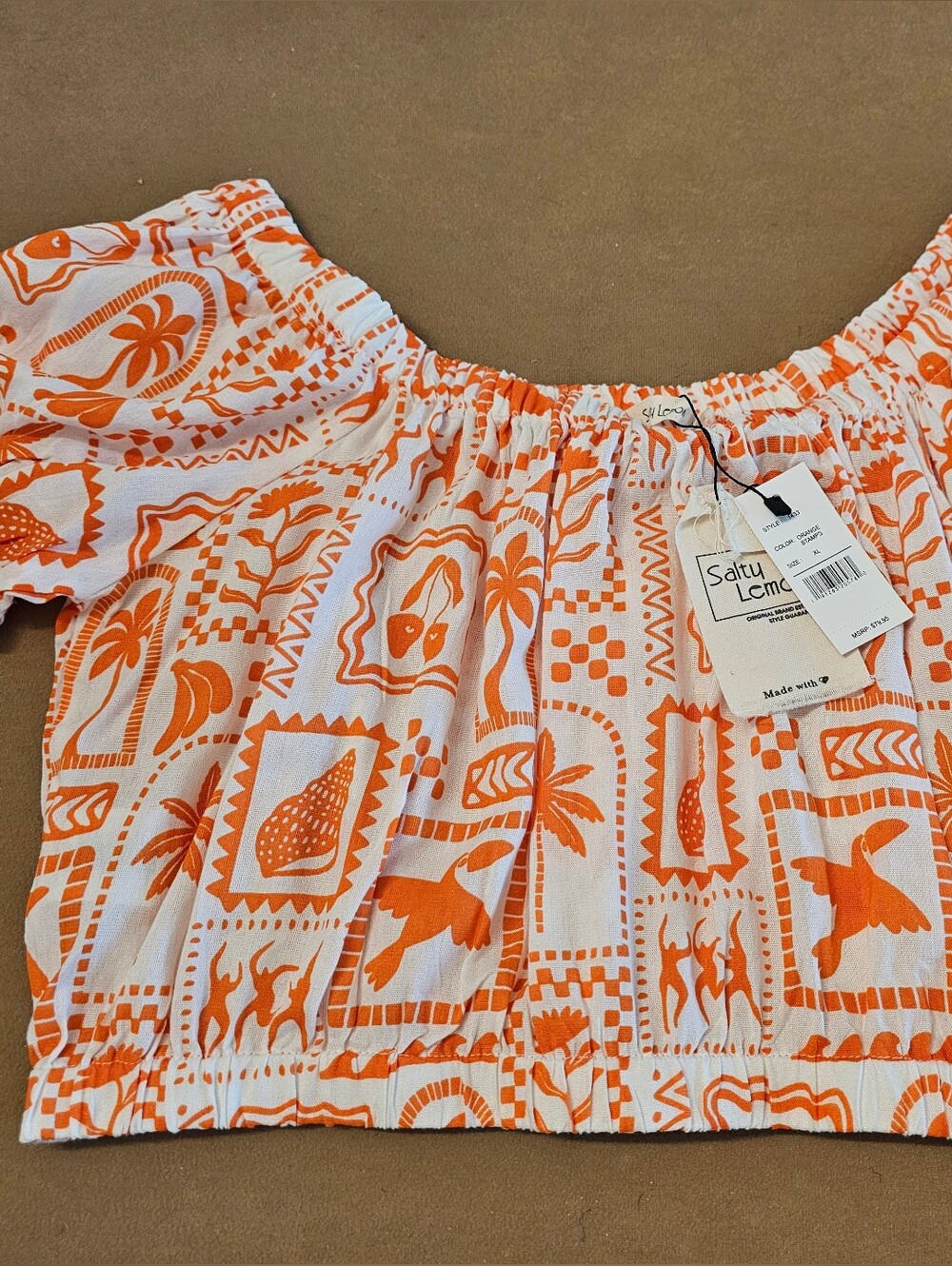 Salty Lemon Orange Printed Off-Shoulder Crop Top